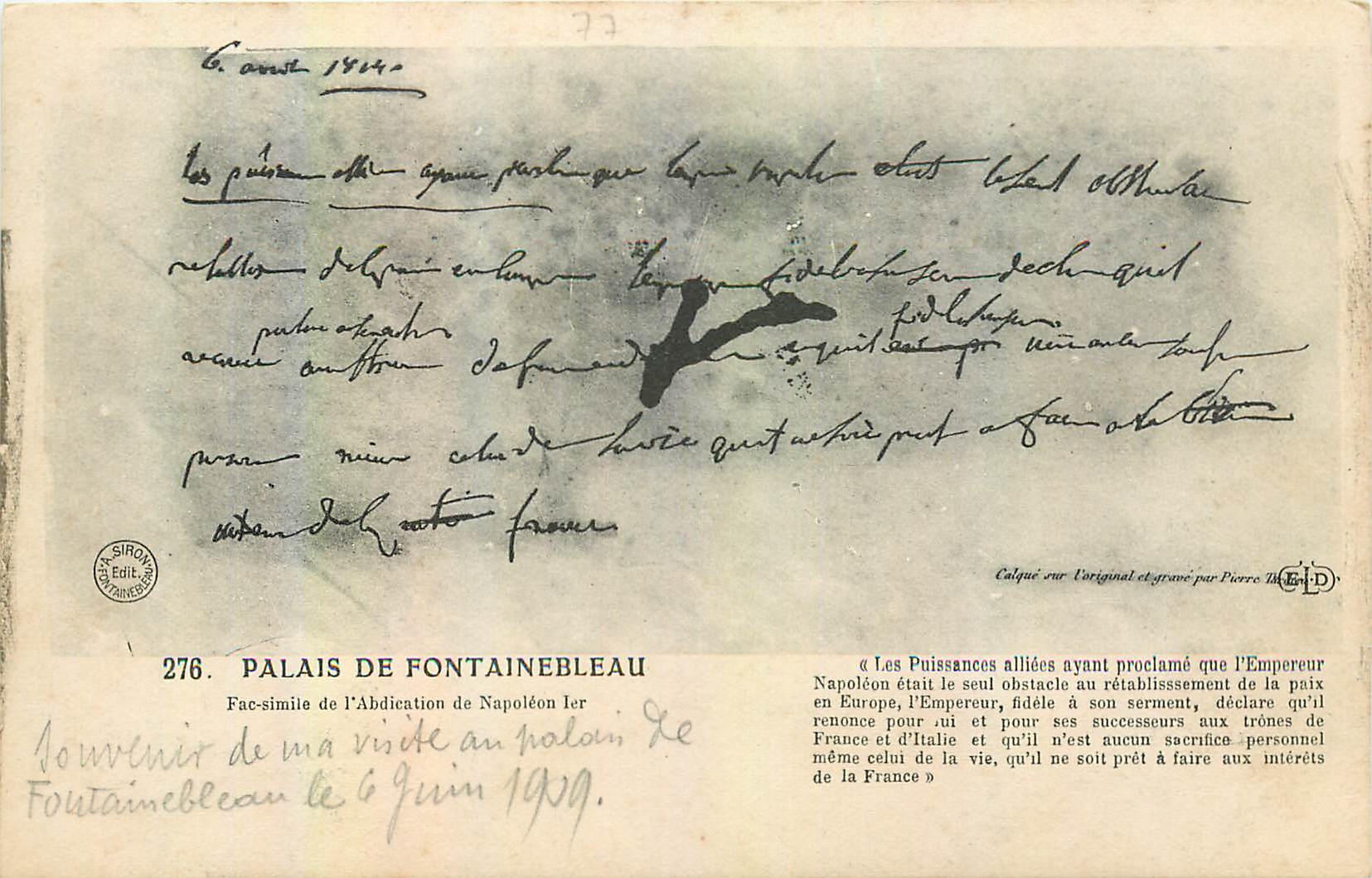 Palais de Fontainebleau — Fac-simile de l'abdication de Napoléon Ier — Éditeur Sino-Paris, n° 276
