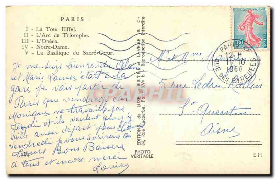 CPA Paris La Tour Eiffel L'Arc de Triomphe L'Opera Notre Dame La Basilique du Sacre Coeur  — Rückseite