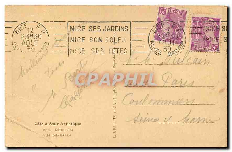 CPA Cote d'Azur artistique Menton vue generale Bateau — Rückseite