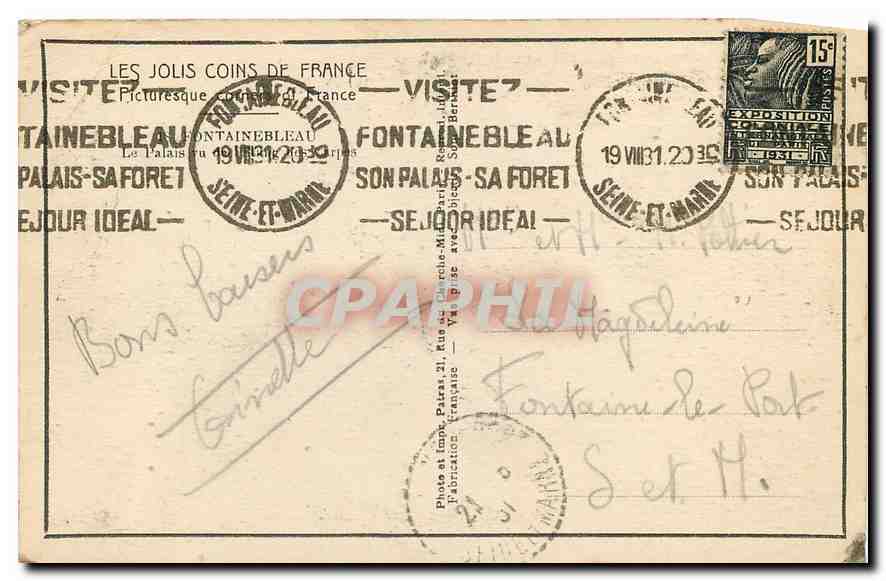 Schloss Fontainebleau — Ansicht des Parks — Verlag Patras, Nr. 235 — Rückseite