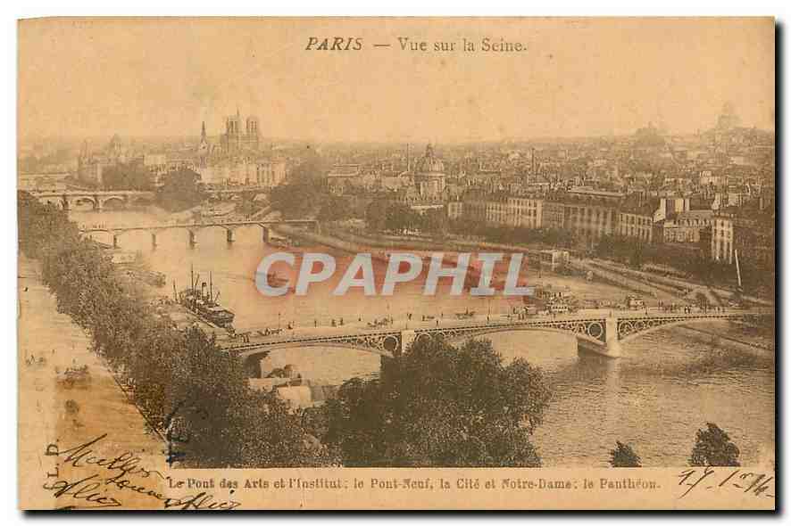 Paris — Ansicht der Seine. Der Pont des Arts und das Institut; der Pont-Neuf, die Cité und Notre-Dame; der Panthéon.