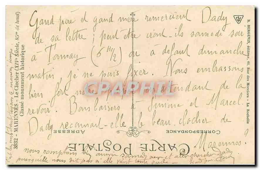CPA Marennes Le Clocher Classe monument historique  — Back