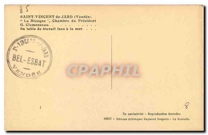 CPA Saint Vincent de Jard Vendee La Bicoque Chambre du President G Clemenceau Sa table de travail fa — Back