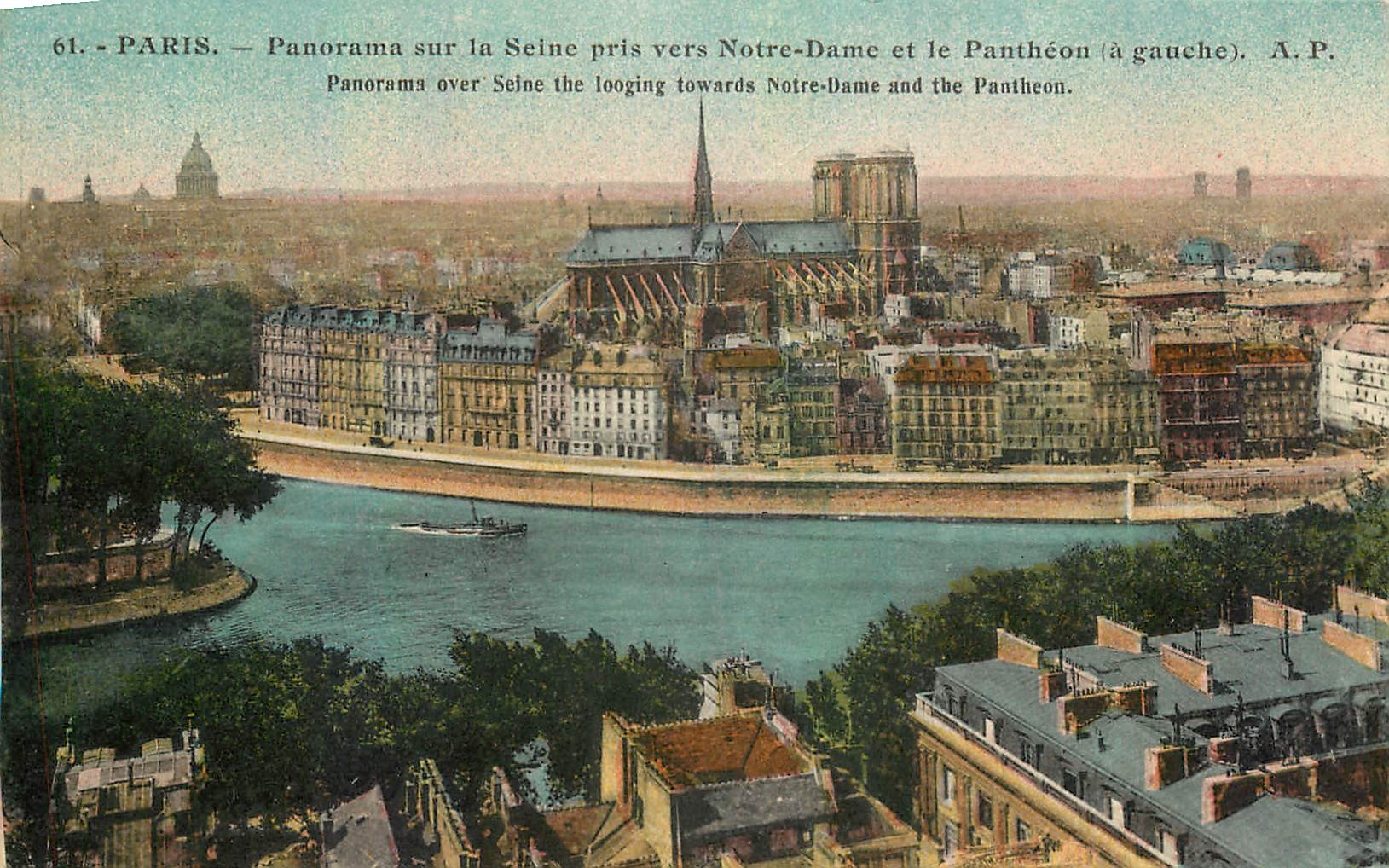 CPA Paris Panorama sur la Seine pris vers Notre Dame et le Pantheon a gauche 