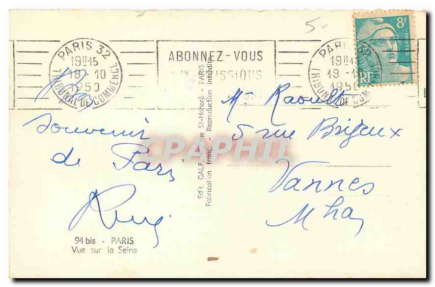 CPA Paris Vue sur la Seine  — Rückseite