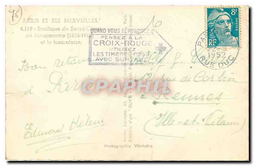 CPA Paris et ses merveilles Basilique du Sacre Coeur de Montmartre et le funiculaire  — Rückseite