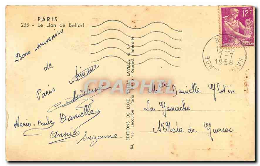 CPA Paris Le Lion de Belfort  — Verso