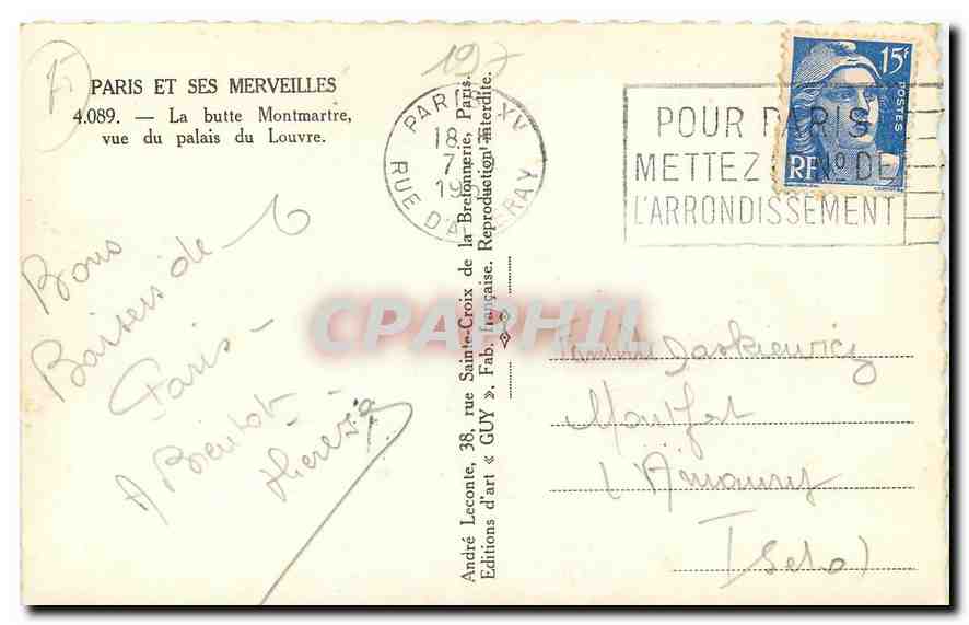 CPA Paris et ses merveilles la butte Montmartre vue du Palais du louvre  — Rückseite