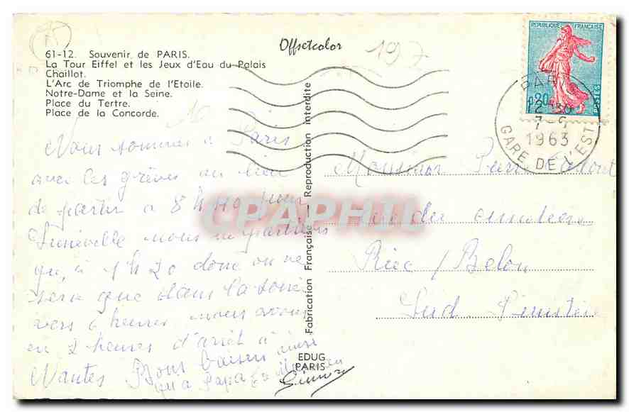 CPA Souvenir de Paris La Tour Eiffel et les Jeux d'Eau du Palais Chaillot l'arc de triomphe de l'eto — Rückseite