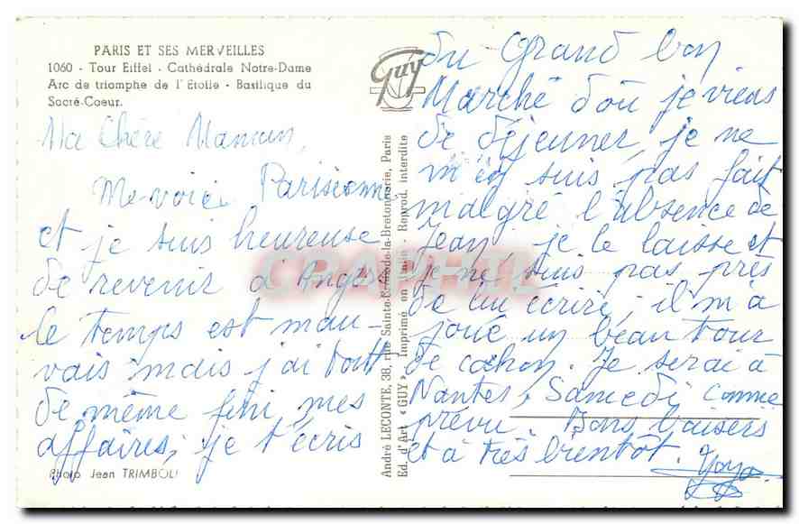CPA Paris et ses merveilles Tour Eiffel Cathedrale Notre Dame Arc de triomphe de l'Toile Basilique d — Rückseite