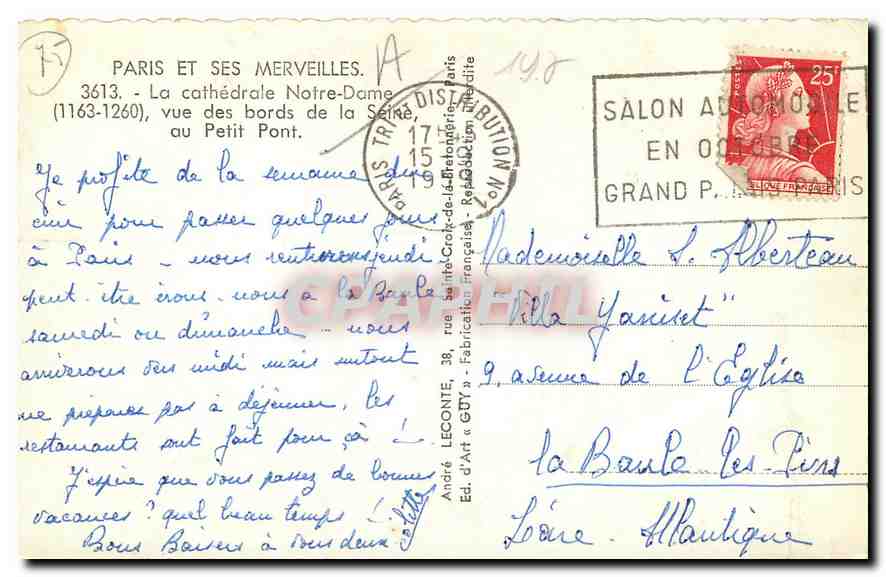 CPA Paris et ses merveilles la Cathedrale Notre Dame vue des bords de la Seine au Petit Pont Bateau — Verso