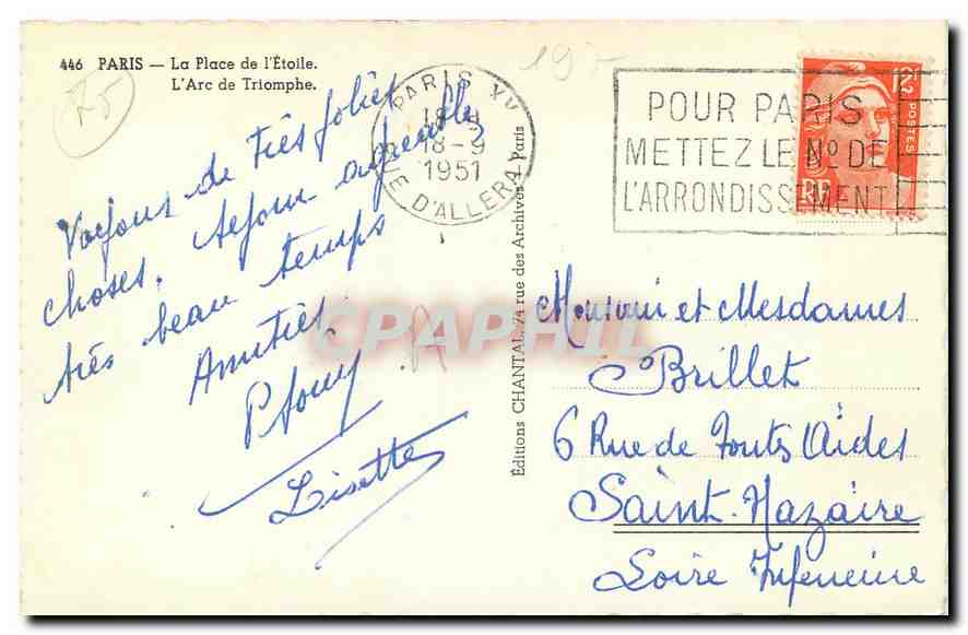 CPA Paris La Place de l'Etoile l'Arc de Triomphe  — Rückseite