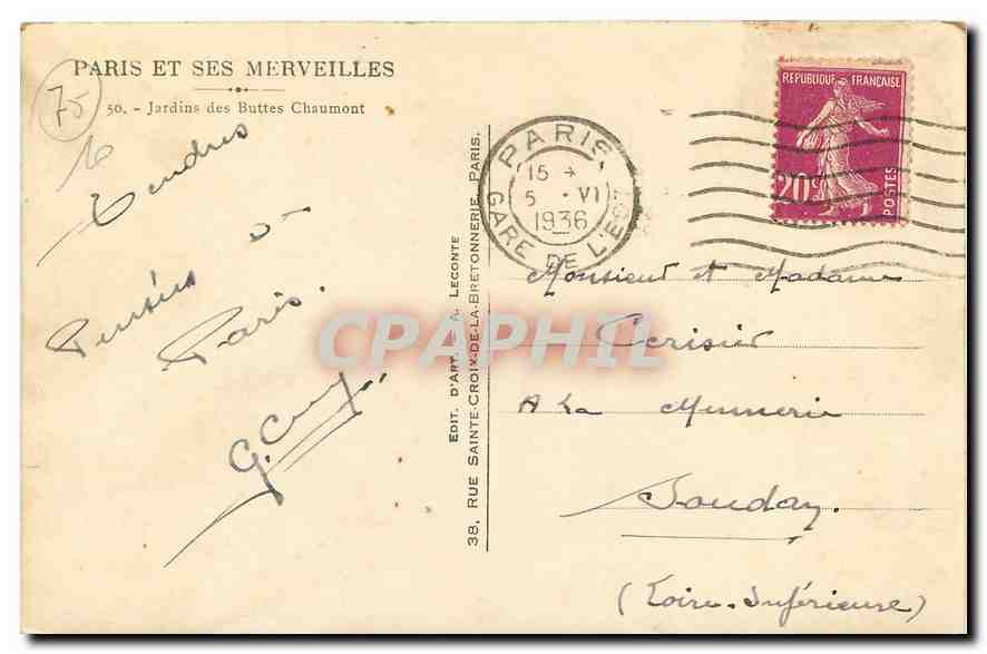 CPA Paris et ses merveilles Jardins des Buttes Chaumont  — Rückseite
