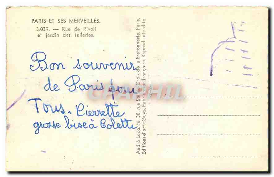 CPA Paris et ses merveilles rue de rivoli et jardin des Tuileries  — Rückseite