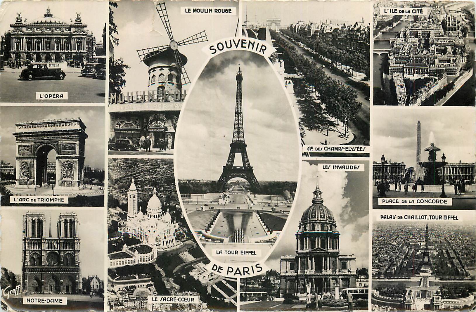 CPA Souvenir de Paris Opera Moulin Rouge Tour Eiffel Arc de Triomphe Notre Dame