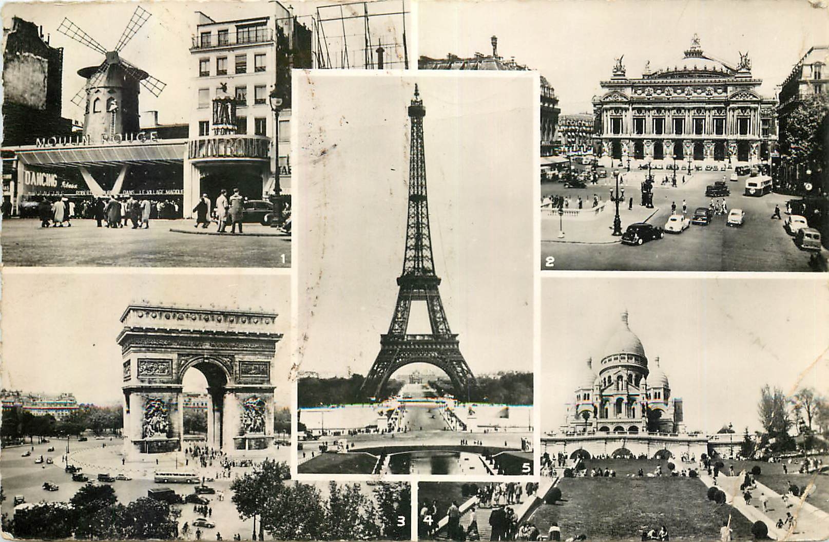 CPA Paris Le Moulin rouge L'Opera L'Arc de Triomphe Le Sacre Coeur La Tour Eiffel 