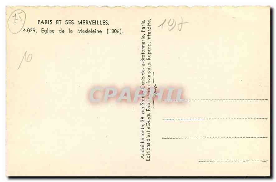 CPA Paris et ses Merveilles Eglise de la Madeleine  — Verso