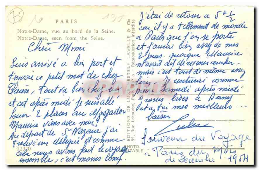 CPA Paris Notre Dame vue au bord de la Seine  — Rückseite