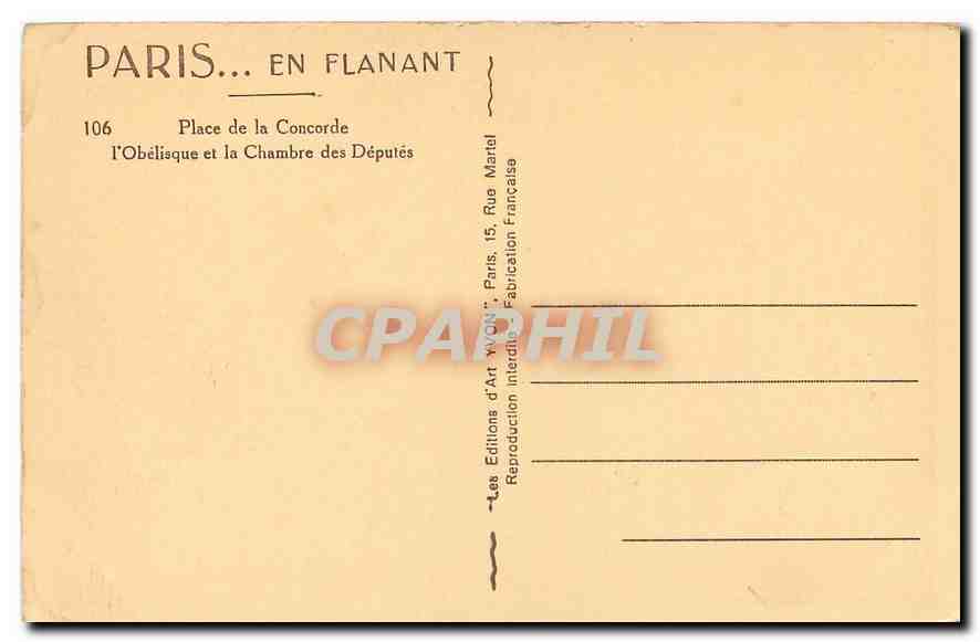 CPA Paris en flanant Place de la Concorde L'Obelisque et la Chambre des Deputes  — Rückseite