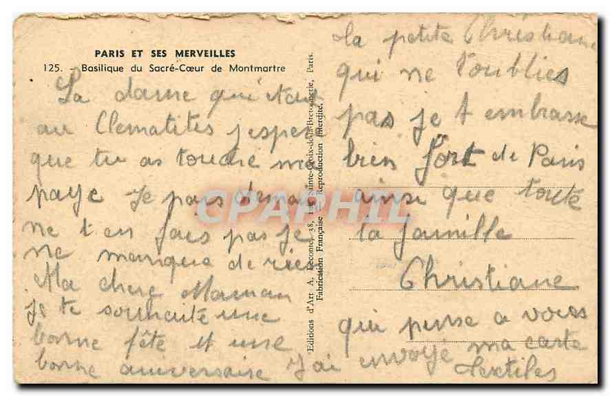 CPA Paris et ses Merveilles Basilique du Sacre Coeur de Montmartre  — Rückseite