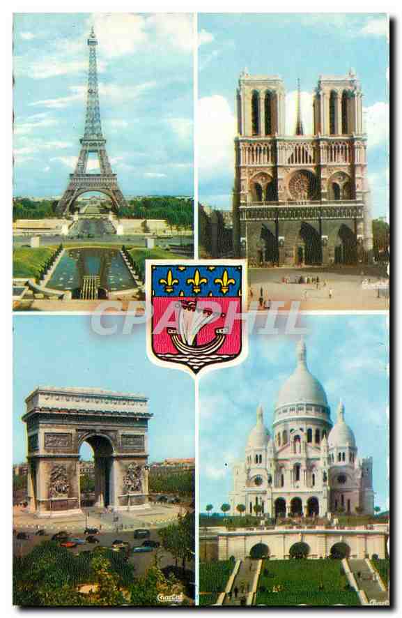 CPA Paris La Tour Eiffel Notre Dame Arc de triomphe Sacre Coeur 