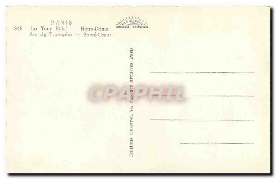 CPA Paris La Tour Eiffel Notre Dame Arc de triomphe Sacre Coeur  — Rückseite