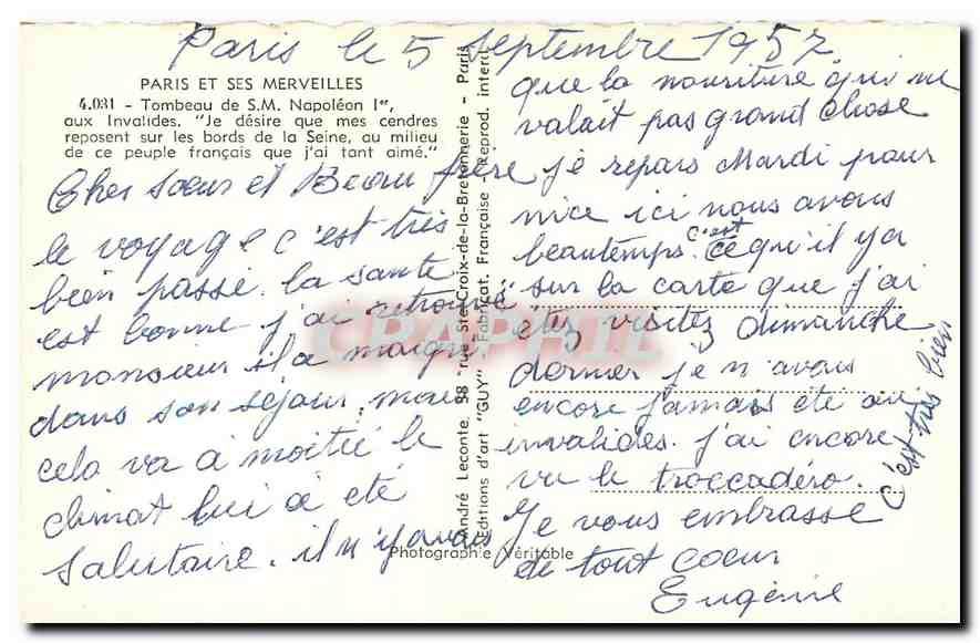 CPA Paris et ses Merveilles Tombeau de S M Napoleon I aux Invalides  — Rückseite