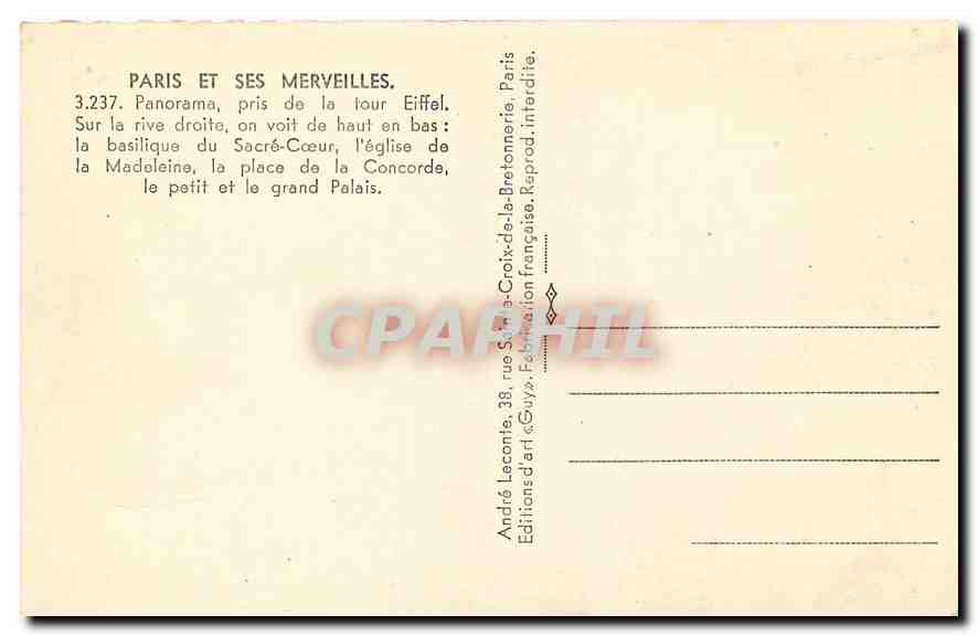 CPA Paris et ses Merveilles Panorama pris de la Tour Eiffel Sur la rive droite on voit de haut en ba — Rückseite