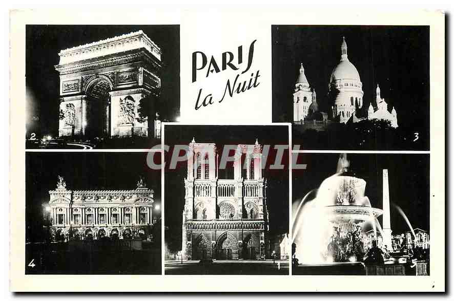 CPA Paris la Nuit Notre Dame L'Arc de triomphe Le Sacre Coeur L'Opera Place de la Concorde 