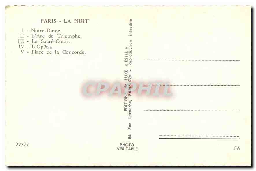 CPA Paris la Nuit Notre Dame L'Arc de triomphe Le Sacre Coeur L'Opera Place de la Concorde  — Rückseite