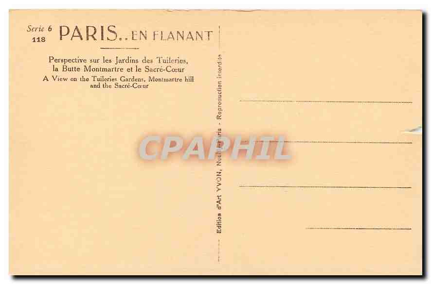 CPA Paris en flanant Perspective sur les Jardins des Tuileries La Butte Montmartre et le Sacre Coeur — Rückseite