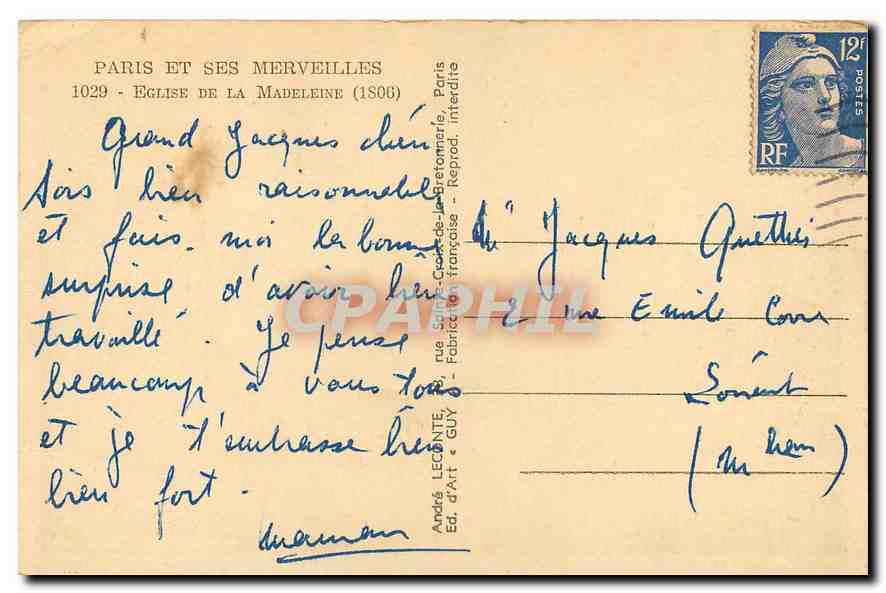 CPA Paris et ses merveilles Eglise de la Madeleine  — Verso