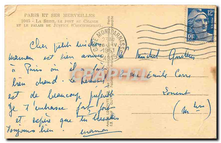 CPA Paris et ses merveilles la Seine le pont au change et le palais de justice  — Rückseite