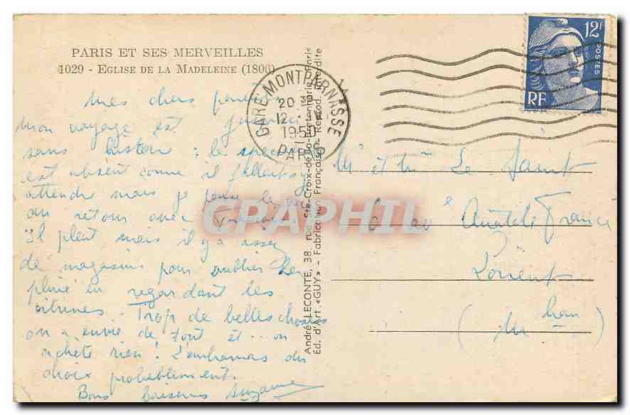 CPA Paris et ses merveilles Eglise de la Madeleine  — Verso