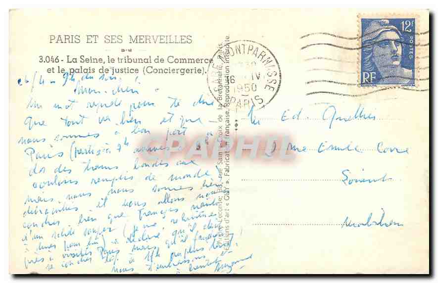 CPA Paris et ses merveilles la Seine le tribunal de commerce et le palais de justice Conciergerie  — Rückseite