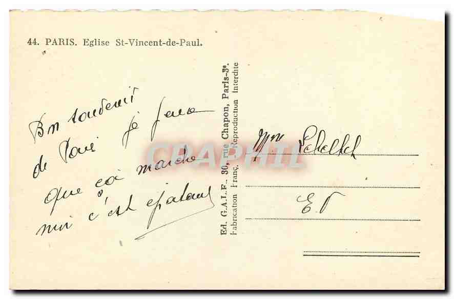 CPA Paris Eglise St Vincent de Paul  — Verso