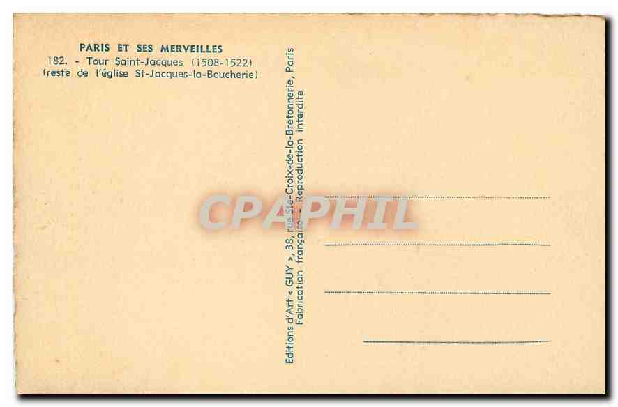 CPA Paris et ses Merveilles Tour Saint jacques 1508 1522 reste de l'eglise St Jacques la Boucherie  — Verso