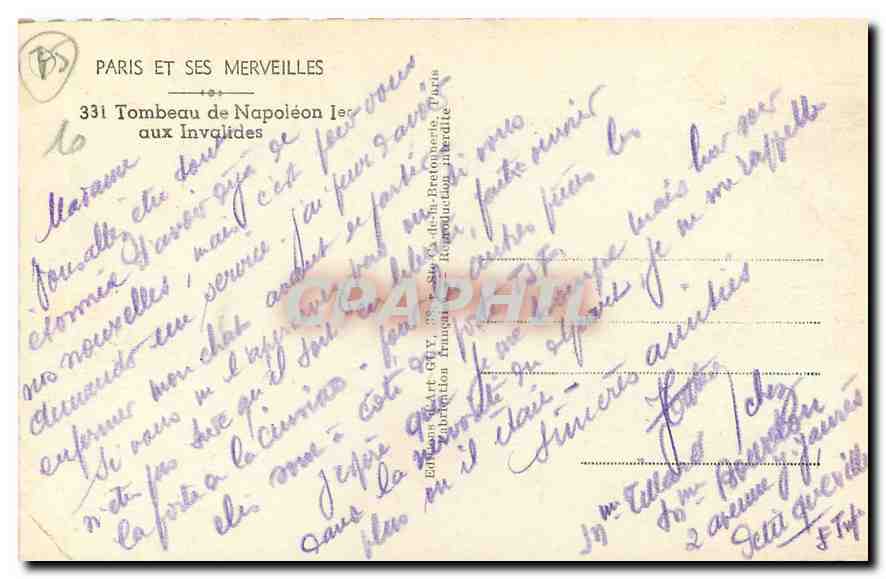 CPA Paris et ses Merveilles Tombeau de Napoleon Ier aux Invalides  — Rückseite