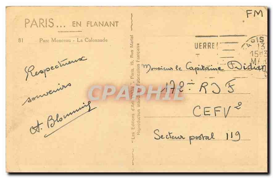 CPA Paris en Flanant Parc Monceau la Colonnade  — Rückseite