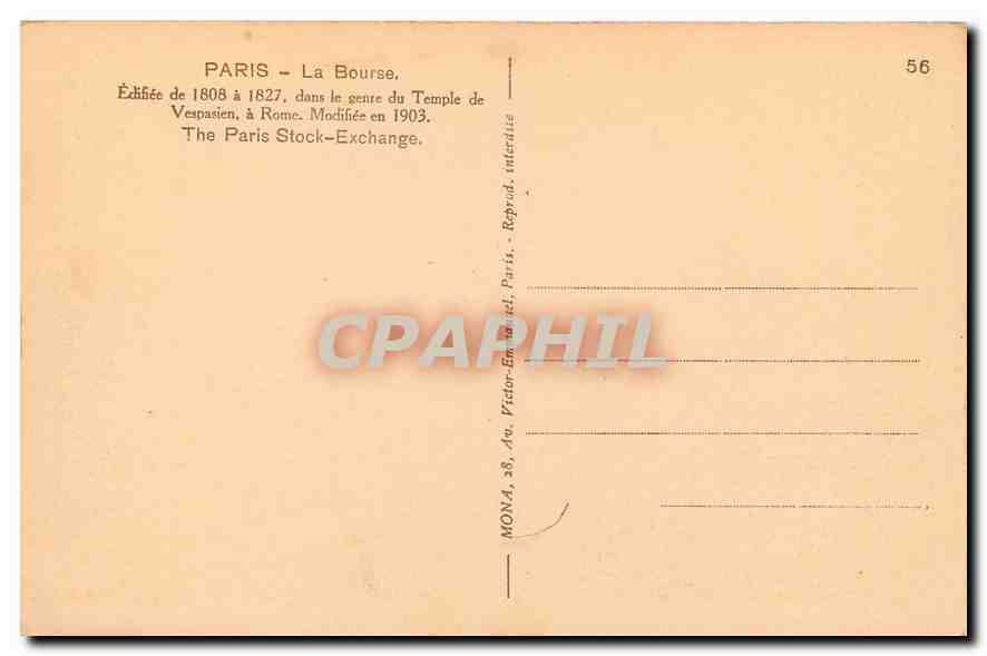 CPA Paris la Bourse Edifiee de 1808 a 1827 dans le genre du Temple Vespasien a Rome Modifiee 1903  — Rückseite