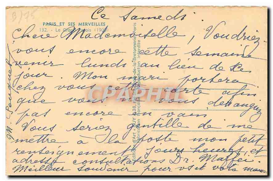 CPA Paris et ses merveilles le grand palais  — Verso