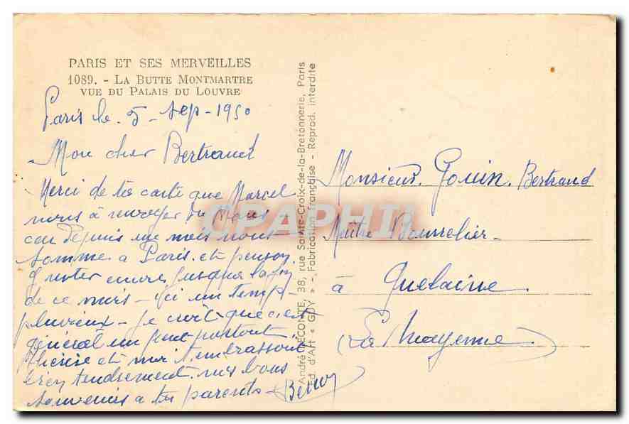CPA Paris et ses Merveilles La Butte Montmartre vue du Palais du Louvre  — Rückseite