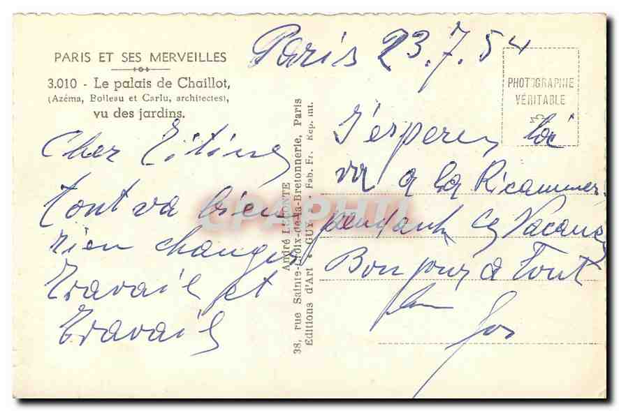 CPA Paris et ses Merveilles Le Palais de Chaillot vu des jardins  — Rückseite