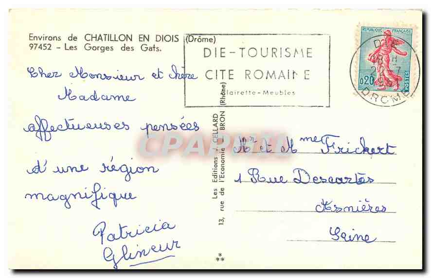 CPA Environs de Chatillon en Diois Drome Les Gorges des Gats  — Rückseite