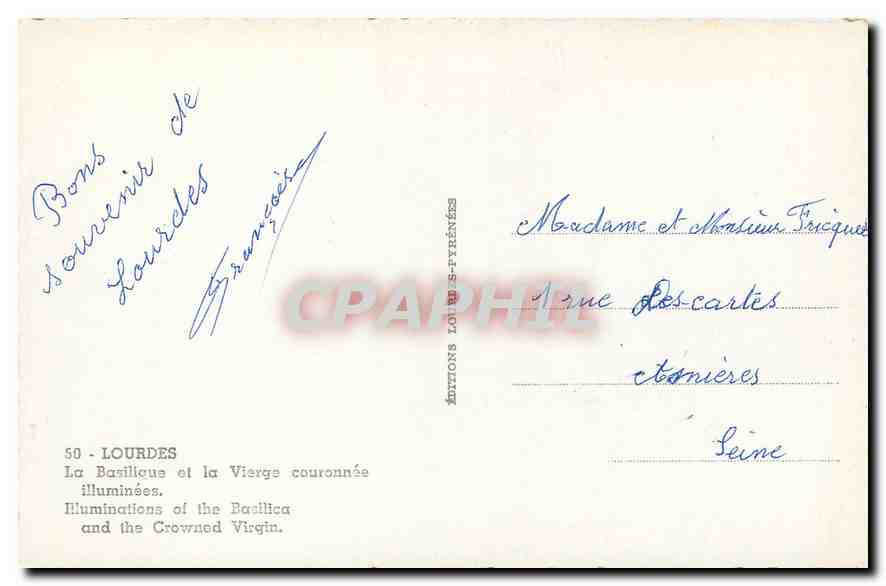 CPA Lourdes La Basilique et la Vierge couronnee illuminee  — Verso