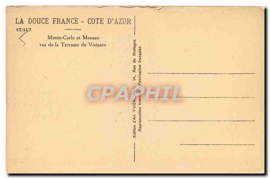 CPA La Douce France Cote d'Azur Monte Carlo et Monaco vus de la Terrasse Vistaero  — Rückseite