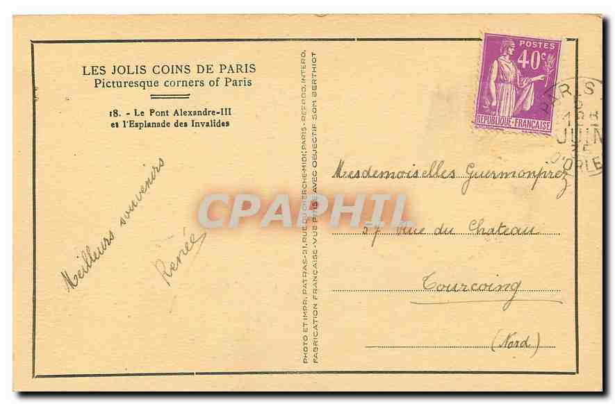 CPA Les Jolis Coins de Paris Le Pont Alexandre III et l'Esplanade des Invalides  — Verso
