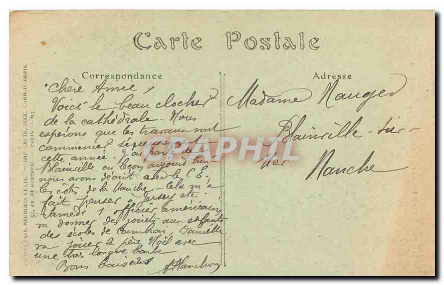 CPA Cambrai Clocher de la Cathedrale  — Rückseite
