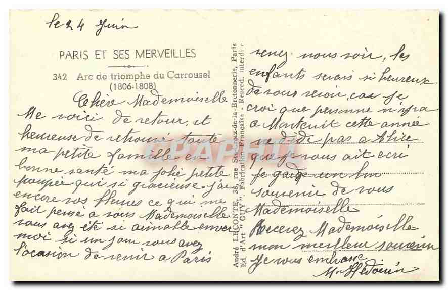 CPA Paris et ses Merveilles Arc de triomphe du Carrousel  — Rückseite