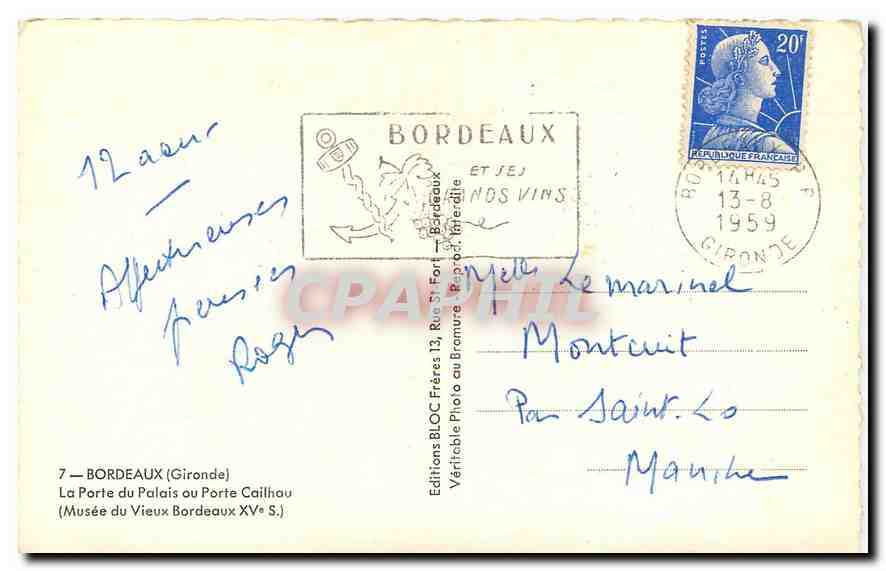 CPA Bordeaux Gironde La Porte du Palais Cailhau Musee du Vieux Bordeaux  — Verso